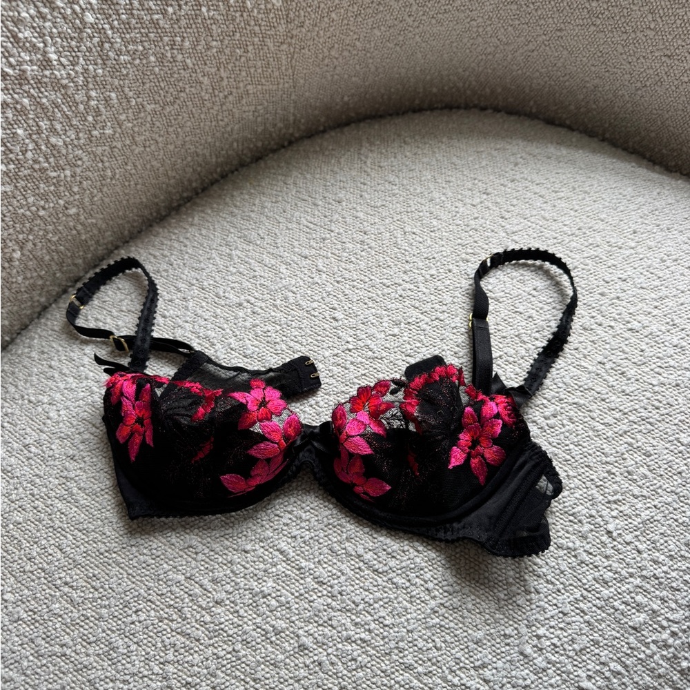 Agent Provocateur Black and Pink Floral Lace Bra
